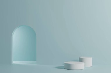 Ürün sergisi için beyaz podyumlu soyut bir sahne. Minimum geometrik arkaplan. 3 Boyutlu Hazırlama