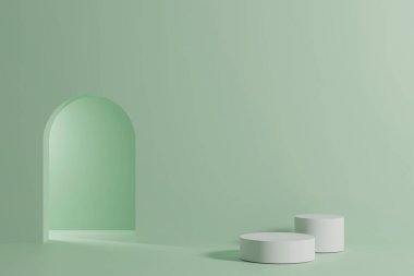 Pastel renkli arka planda beyaz podyumun 3 boyutlu resmi. Doğal ürünle soyut asgari geometrik sahne. soyut kozmetik, güzellik ürünü.