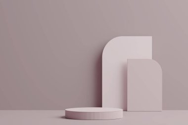 3D asgari podyum. Geometrik şekil. Geometrik şekilli asgari tasarım. 3 boyutlu görüntüleme. Moda şovu ve sahne şovu.