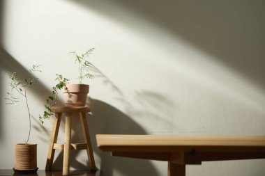 Bej renkli iç döşeme, güneşli duvarlar ve çeşitli nesneler..