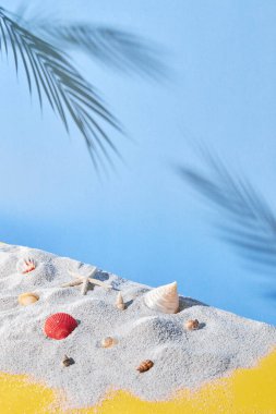 Tropikal plaj, deniz zemininde kum ve palmiye.