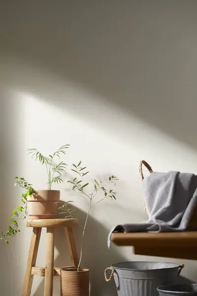 Bej renkli iç döşeme, güneşli duvarlar ve çeşitli nesneler..