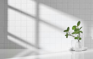 Beyaz seramik zemin üzerinde çeşitli nesneler ve sıcak güneş ışığı içinden geçiyor..