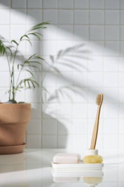 Beyaz seramik zemin üzerinde çeşitli nesneler ve sıcak güneş ışığı içinden geçiyor..