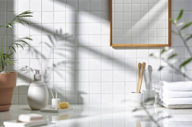 Beyaz seramik zemin üzerinde çeşitli nesneler ve sıcak güneş ışığı içinden geçiyor..