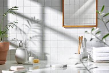 Beyaz seramik zemin üzerinde çeşitli nesneler ve sıcak güneş ışığı içinden geçiyor..