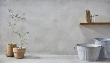 Sepet, zeytin ağacı, toprak kabı, dışkı ve klasik gri beton arka plan çeşitleri.