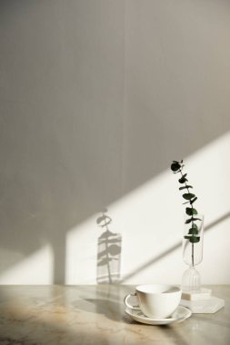 Ilık güneş ışığı, çimen yapraklarından gölgeler, masa üstünde vazo ve fincanlar gibi çeşitli nesnelerin olduğu bir oda.