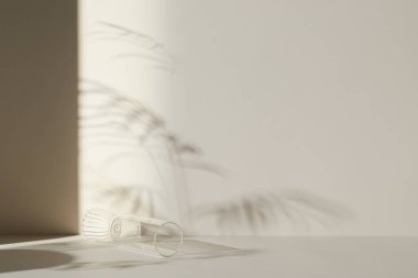 Ilık güneş ışığı, çimen yapraklarından gölgeler, masa üstünde vazo ve fincanlar gibi çeşitli nesnelerin olduğu bir oda.