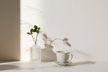 Ilık güneş ışığı, çimen yapraklarından gölgeler, masa üstünde vazo ve fincanlar gibi çeşitli nesnelerin olduğu bir oda.