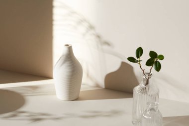 Ilık güneş ışığı, çimen yapraklarından gölgeler, masa üstünde vazo ve fincanlar gibi çeşitli nesnelerin olduğu bir oda.