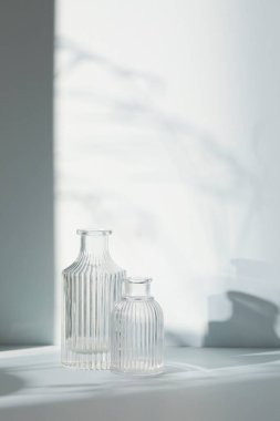 Ilık güneş ışığı, çimen yapraklarından gölgeler, masa üstünde vazo ve fincanlar gibi çeşitli nesnelerin olduğu bir oda.