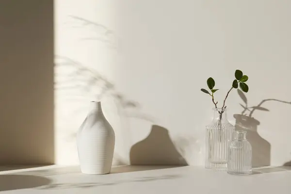 Ilık güneş ışığı, çimen yapraklarından gölgeler, masa üstünde vazo ve fincanlar gibi çeşitli nesnelerin olduğu bir oda.