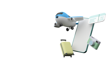 Mutlu bir yolculuk için hazırlıklar. Uçak, bilet, bavul, pasaport vesaire. 3d oluşturma