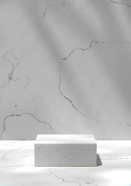 Güneşli bir odada gri renkli mermer duvar ve podyum. 3dRender.
