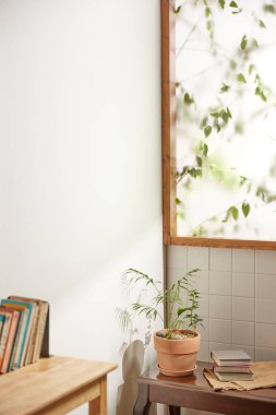 Sıcak bir öğleden sonra güneşinin, ağaç yaprakları manzaralı pencereden içeri girdiği rahat bir oda..