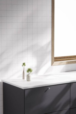 Mutfak, banyo, beyaz fayans, lavabo, güneş ışığı olan pencere çerçevesi. 3d oluşturma