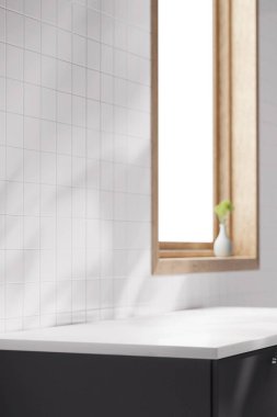 Mutfak, banyo, beyaz fayans, lavabo, güneş ışığı olan pencere çerçevesi. 3d oluşturma