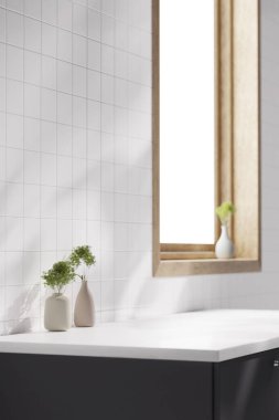 Mutfak, banyo, beyaz fayans, lavabo, güneş ışığı olan pencere çerçevesi. 3d oluşturma