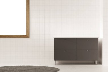 Mutfak, banyo, beyaz fayans, lavabo, güneş ışığı olan pencere çerçevesi. 3d oluşturma.