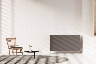 Mutfak, banyo, beyaz fayans, lavabo, güneş ışığı olan pencere çerçevesi. 3d oluşturma.