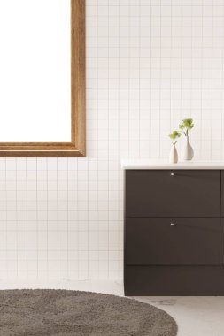 Mutfak, banyo, beyaz fayans, lavabo, güneş ışığı olan pencere çerçevesi. 3d oluşturma.