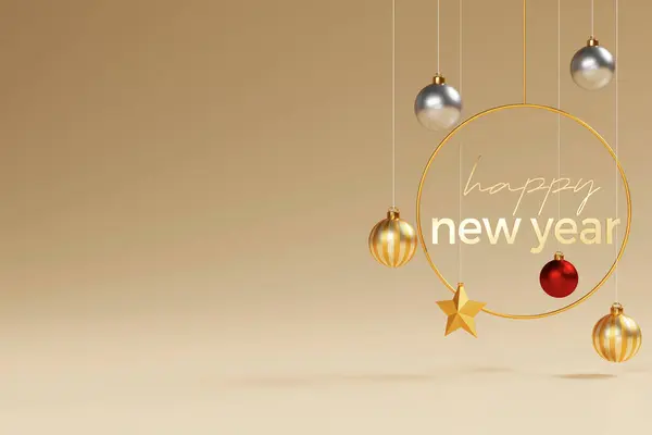 Mutlu yıllar 2018. Altın top ve altın mücevherler Noel ağacında asılı. vektör illüstrasyonu