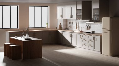 Parlak bej renkli bir mutfak. Pencereden içeri güneş ışığı giriyor..