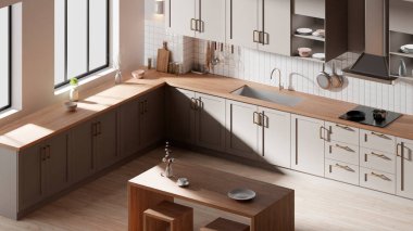 Parlak bej renkli bir mutfak. Pencereden içeri güneş ışığı giriyor..