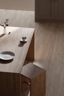 Parlak bej renkli bir mutfak. Pencereden içeri güneş ışığı giriyor..