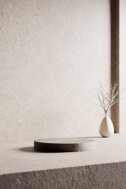 Tasarımlarında kullanabileceğin, gölgeleme açısından zengin bir arka plan. Dokulu duvarlar ve podyum, güneş ışığı altında..