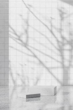 Tasarımlarında kullanabileceğin, gölgeleme açısından zengin bir arka plan. Dokulu duvarlar ve podyum, güneş ışığı altında..