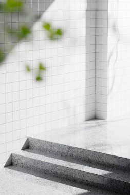 Tasarımlarında kullanabileceğin, gölgeleme açısından zengin bir arka plan. Dokulu duvarlar ve podyum, güneş ışığı altında..