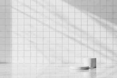 Tasarımlarında kullanabileceğin, gölgeleme açısından zengin bir arka plan. Dokulu duvarlar ve podyum, güneş ışığı altında..