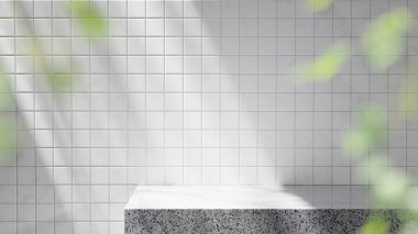 Tasarımlarında kullanabileceğin, gölgeleme açısından zengin bir arka plan. Dokulu duvarlar ve podyum, güneş ışığı altında..