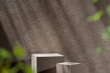 Tasarımlarında kullanabileceğin, gölgeleme açısından zengin bir arka plan. Dokulu duvarlar ve podyum, güneş ışığı altında..