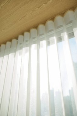 Minimalist bir iç mekan ahşap tonlarda ve sıcak güneş ışığı içeri akıyor..