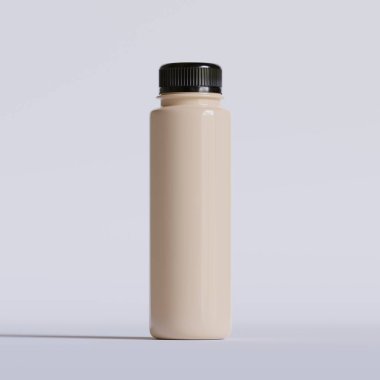 Siyah fincanlı ve gerçekçi bir kahve şişesi.