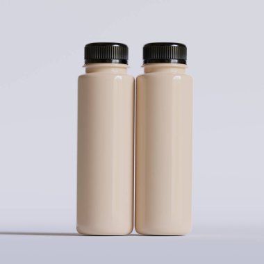 Siyah fincanlı ve gerçekçi bir kahve şişesi.