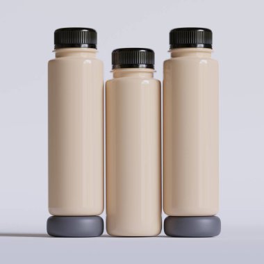 Siyah fincanlı ve gerçekçi bir kahve şişesi.