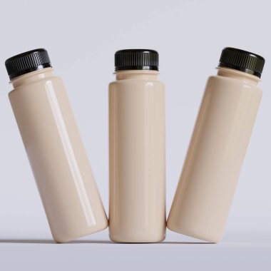 Siyah fincanlı ve gerçekçi bir kahve şişesi.