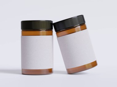 Amber Glass Kozmetik kavanozu. Gerçekçi deseni boş. Etiket beyaz renkte.