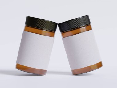 Amber Glass Kozmetik kavanozu. Gerçekçi deseni boş. Etiket beyaz renkte.