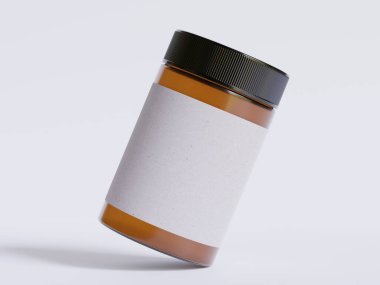 Amber Glass Kozmetik kavanozu. Gerçekçi deseni boş. Etiket beyaz renkte.