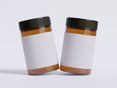 Amber Glass Kozmetik kavanozu. Gerçekçi deseni boş. Etiket beyaz renkte.