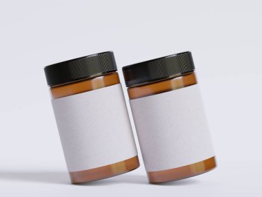 Amber Glass Kozmetik kavanozu. Gerçekçi deseni boş. Etiket beyaz renkte.