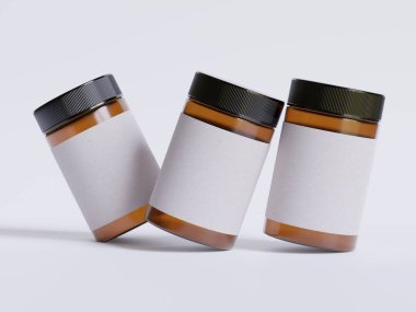 Amber Glass Kozmetik kavanozu. Gerçekçi deseni boş. Etiket beyaz renkte.