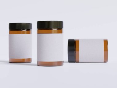 Amber Glass Kozmetik kavanozu. Gerçekçi deseni boş. Etiket beyaz renkte.