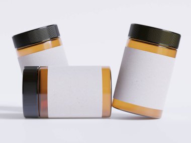 Amber Glass Kozmetik kavanozu. Gerçekçi deseni boş. Etiket beyaz renkte.