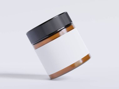 Amber Glass Kozmetik kavanozu. Gerçekçi deseni boş. Etiket beyaz.